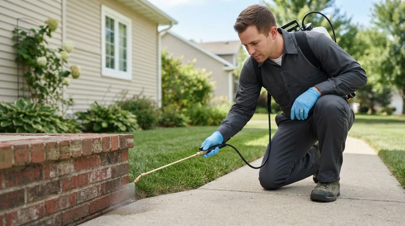 Pest control technician treating a home near Portage, OH
