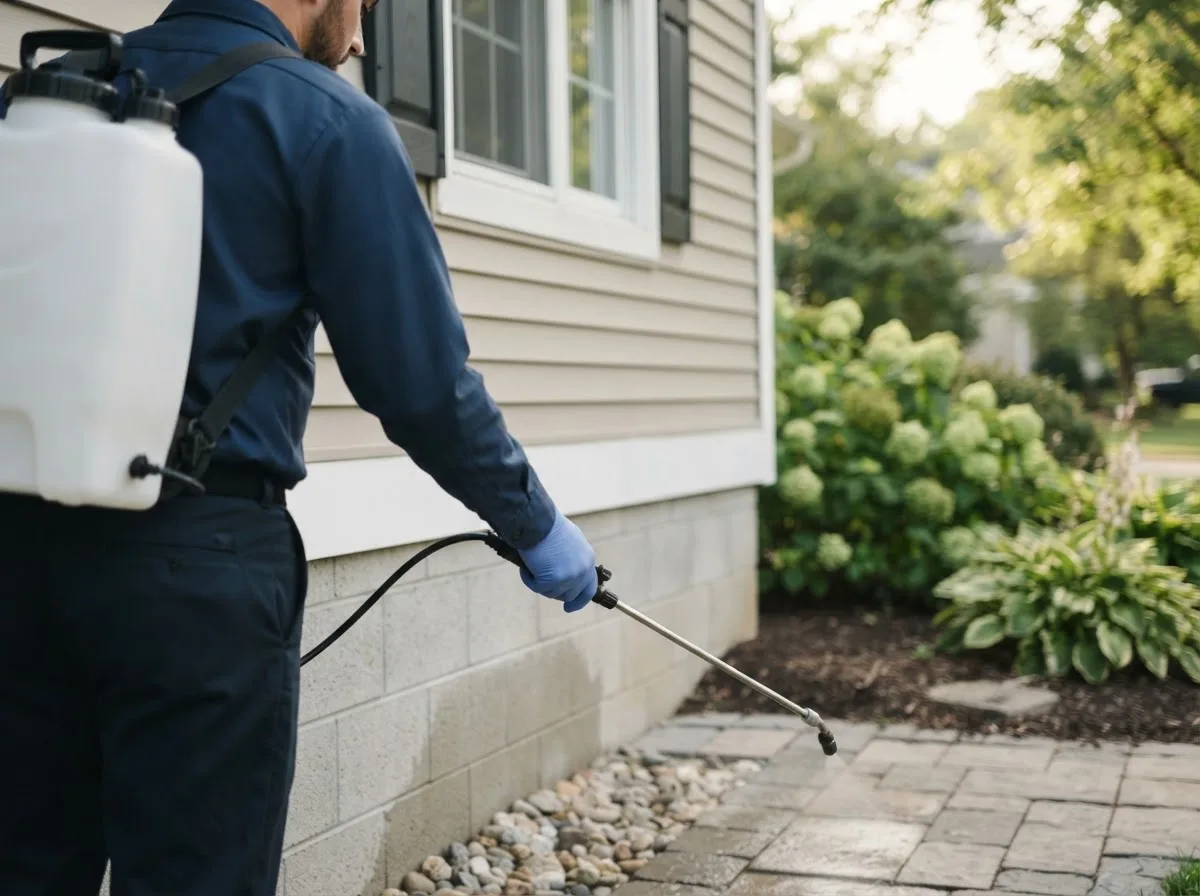 Pest control technician inspecting a home in Portage, OH